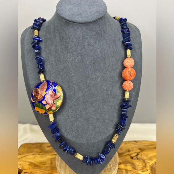 MJ Jewelry - Lapis Lazuli Blue & Orange Sponge Coral Floral Cloisonné Pendant MJ Necklace